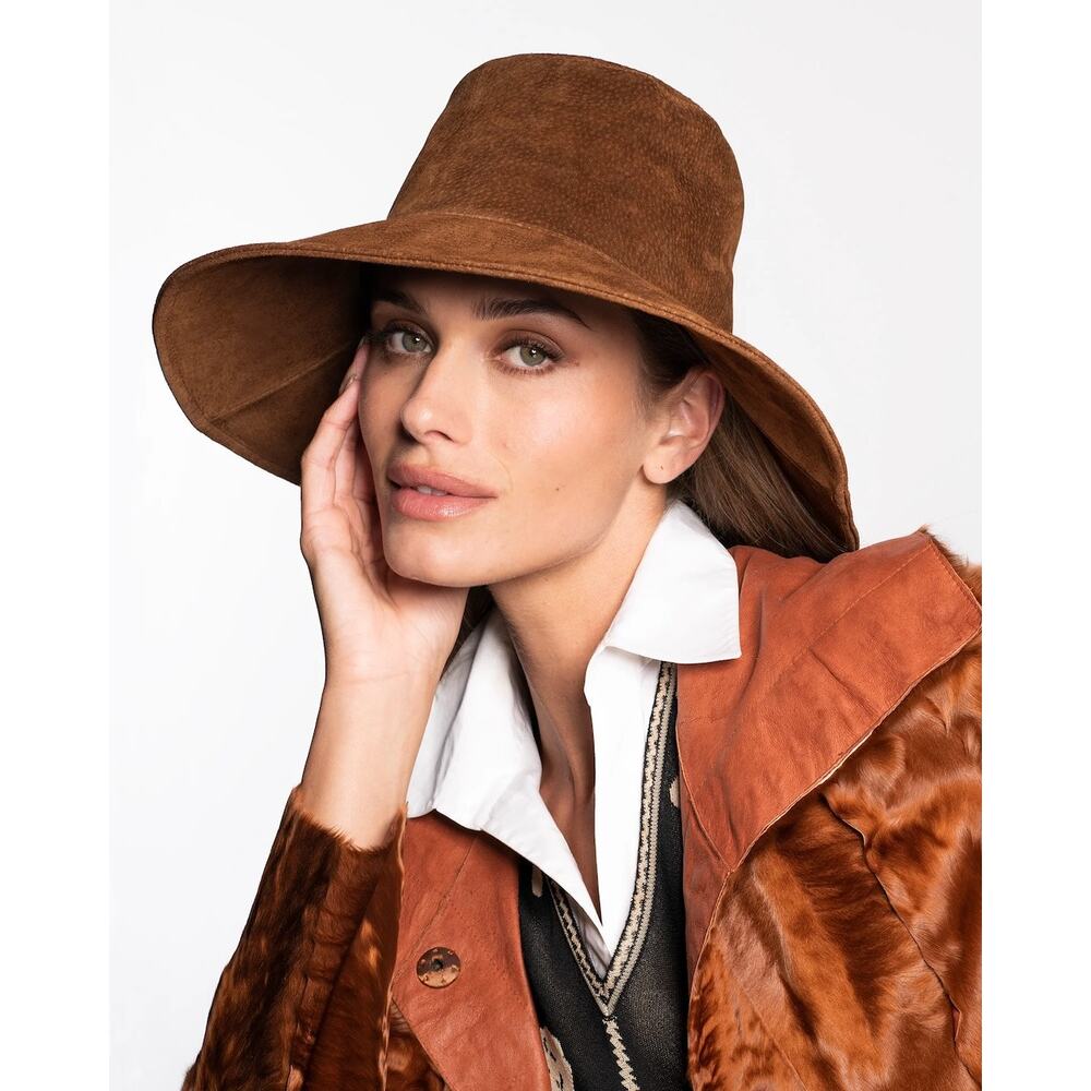 Eric Javits Anette Tabac Hat Brown Calf Suede Packable Floppy Water Repell UPF